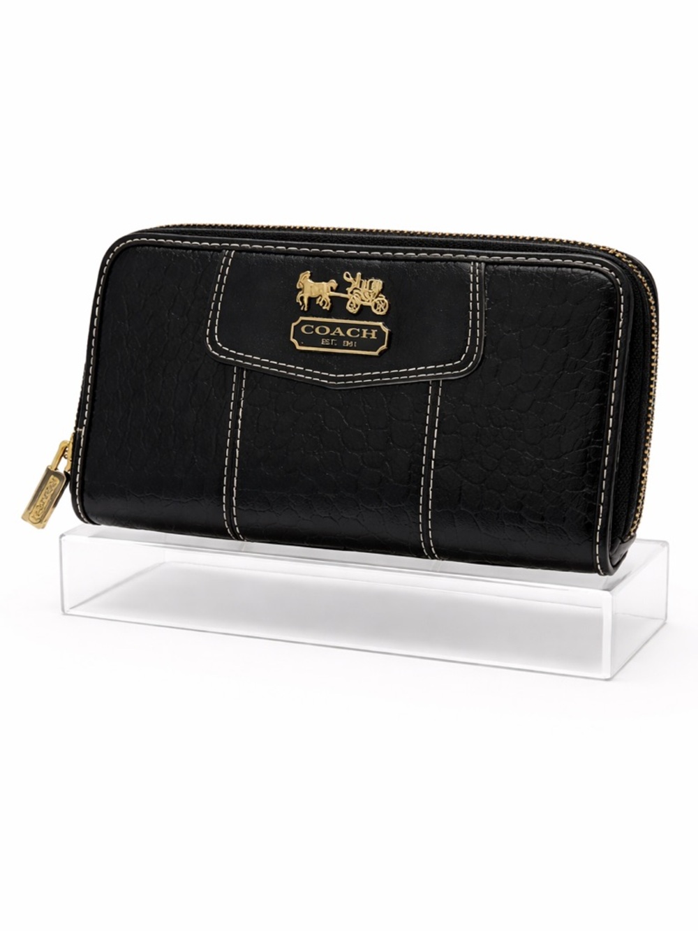 Coach Black Croc-Embossed Wallet with Gold Details